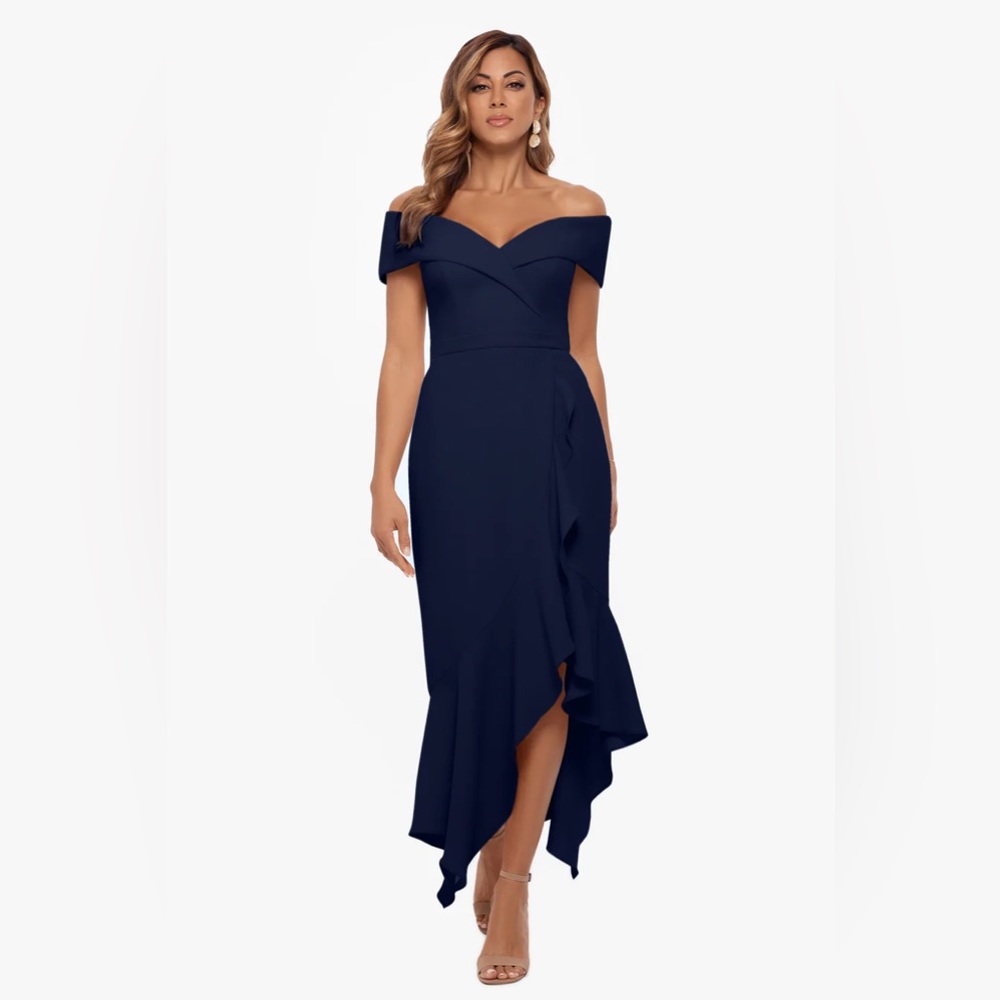 Xscape off the shoulder midi dress. Deep navy. Size 6